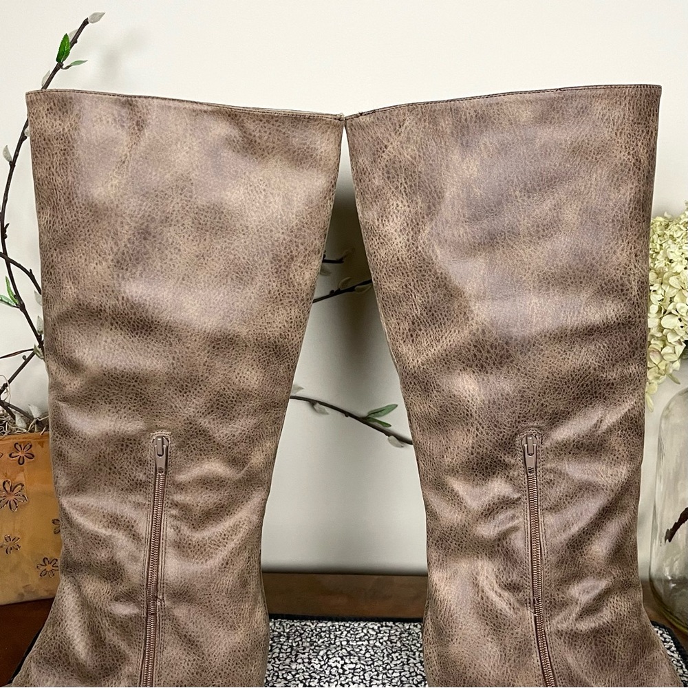 Not Rated Sassy Classy Zipper Lace Inset Distressed Faux Leather Knee-High Boots - Picture 12 of 16